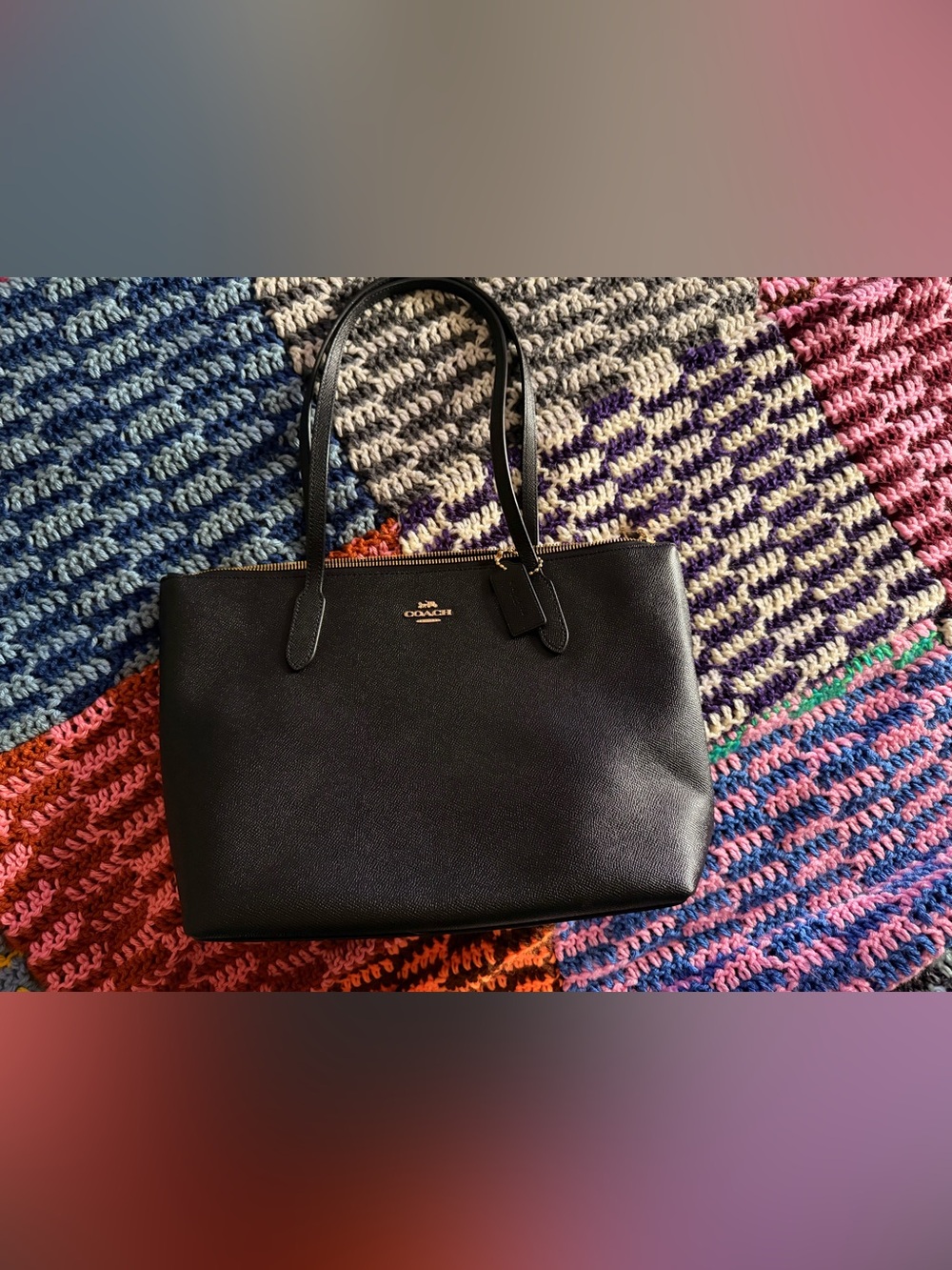 Coach Black Leather Tote with Gold Logo and Zipper